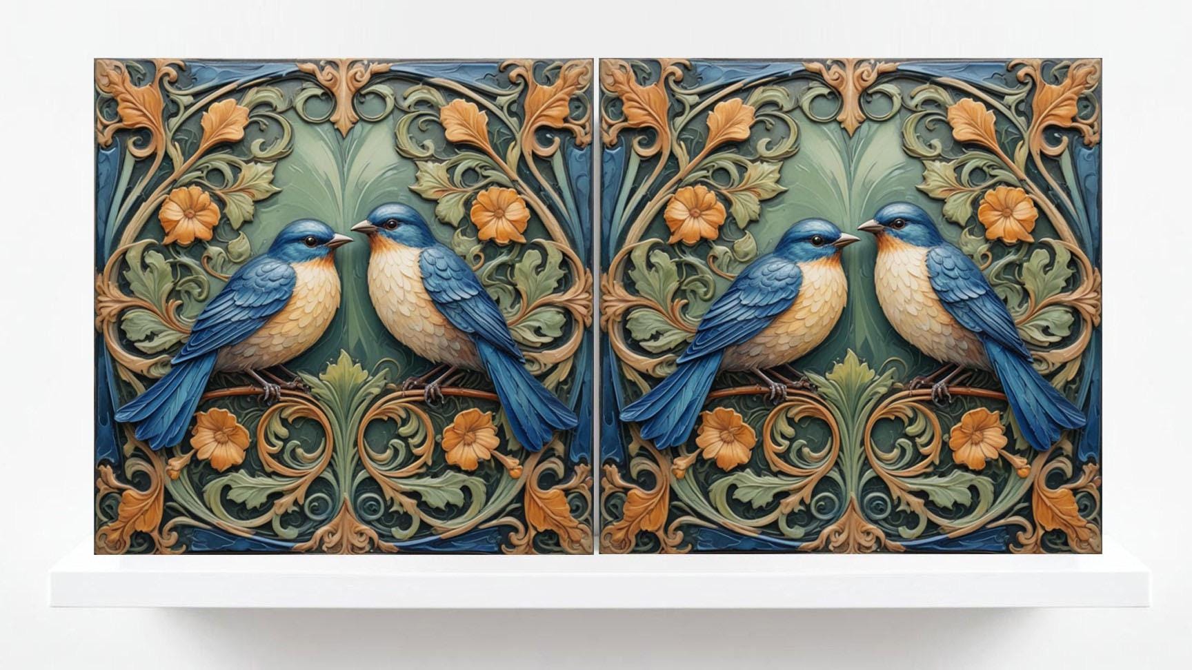 Art Nouveau Bird and Flower Ceramic tiles -Set of 2 Art Nouveau Bird Wall Decor Tiles,Bird Tiles -Kitchen Backsplash Tiles,Bathroom Tiles