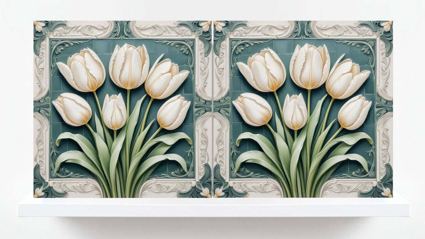 Art Nouveau Ceramic Tulip Tiles - Set of 2 Art Nouveau Wall Decor Tiles - Kitchen Backsplash Tiles, Table Decorative Tiles, Bathroom Tiles