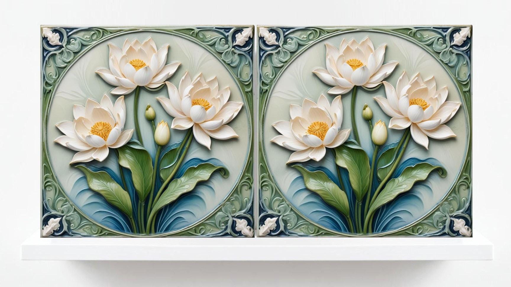 Lotus Tile Art Nouveau Flower Ceramic Tiles - Set of 2 Art Nouveau Wall Decor Tiles - Kitchen Backsplash Tiles, Shower Tiles, Bathroom Tiles