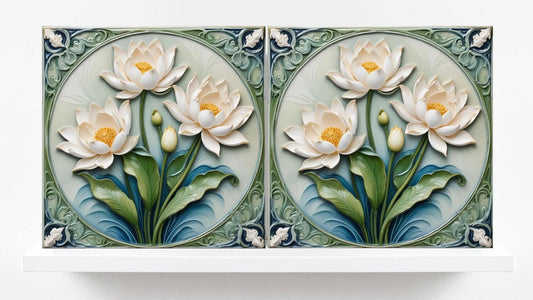 Lotus Tile Art Nouveau Flower Ceramic Tiles - Set of 2 Art Nouveau Wall Decor Tiles - Kitchen Backsplash Tiles, Shower Tiles, Bathroom Tiles