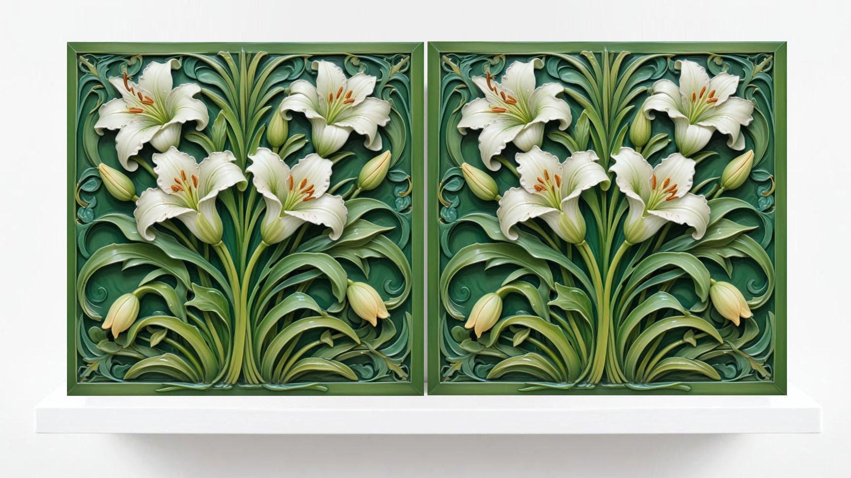 Art Nouveau Flower Ceramic Tiles - Set of 2 Art Nouveau Wall Decor Tiles - Kitchen Backsplash Tiles, Table Decorative Tiles, Bathroom Tiles