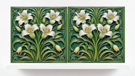 Art Nouveau Flower Ceramic Tiles - Set of 2 Art Nouveau Wall Decor Tiles - Kitchen Backsplash Tiles, Table Decorative Tiles, Bathroom Tiles