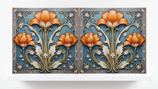 Art Nouveau Flower Ceramic tiles - Set of 2 Botanical Wall Decor Tiles - Kitchen Backsplash,Bathroom,Shower Wall, Sink Splashback,Fireplace