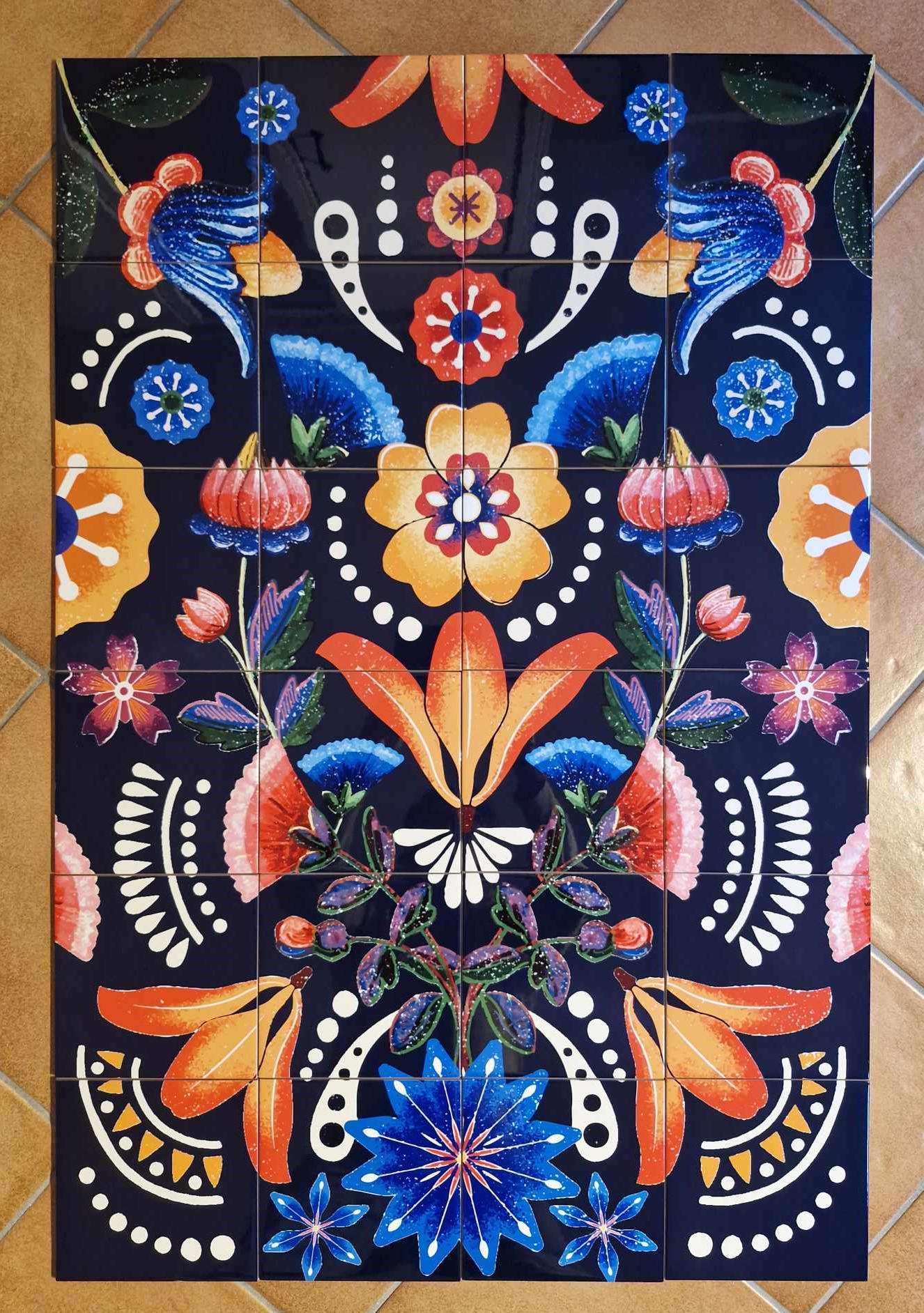 Mexican Flower Tile Mural: Watercolor Floral Mosaic Art