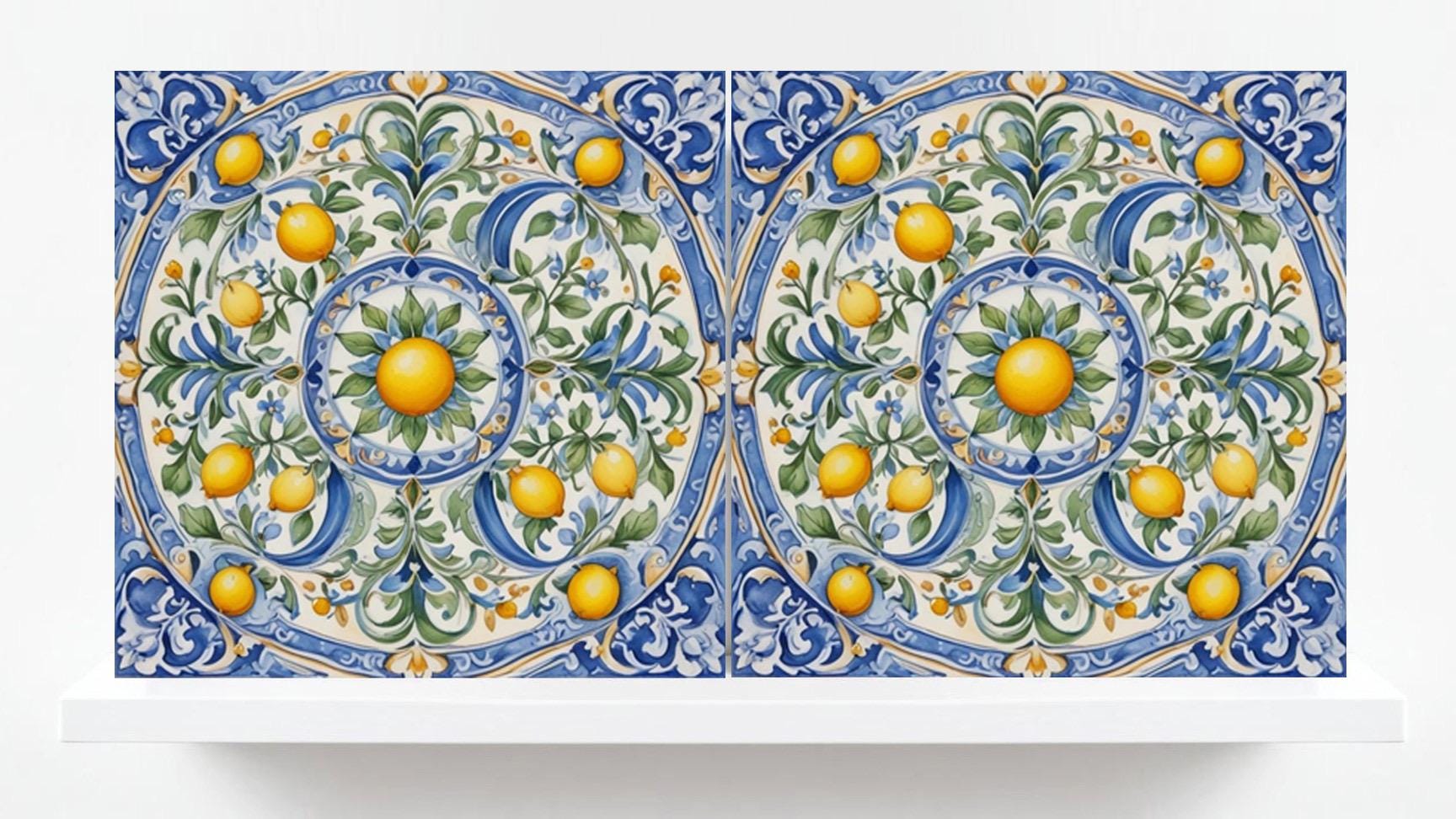 Italian Majolica Lemon Tiles - Set of 2 Italian Wall Decor Tiles - Kitchen Backsplash Tiles, Table Decorative Tiles, Bathroom Tiles, Coaster