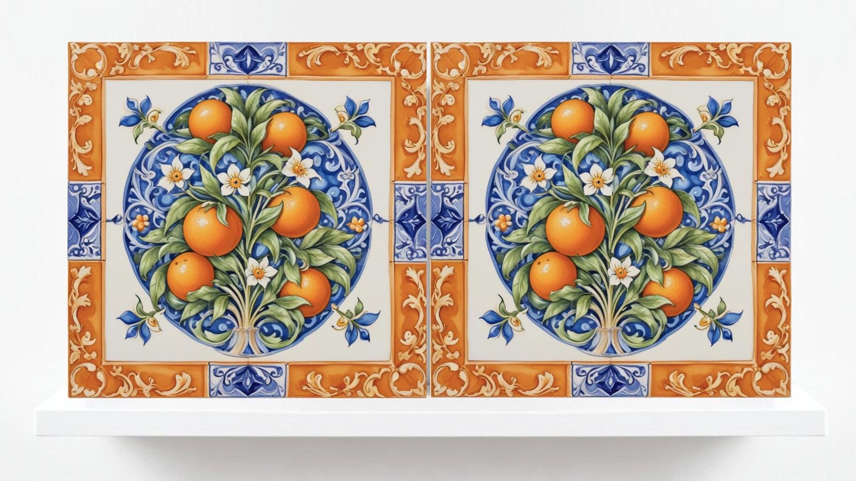 Italian Majolica Orange Tiles -Set of 2 Italian Wall Decor Tiles - Kitchen Backsplash Tiles, Table Decorative Tiles, Bathroom Tiles, Coaster