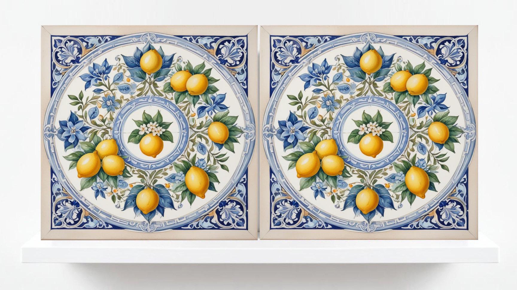 Italian Majolica Lemon Tiles - Set of 2 Italian Wall Decor Tiles - Kitchen Backsplash Tiles, Table Decorative Tiles, Bathroom Tiles, Coaster
