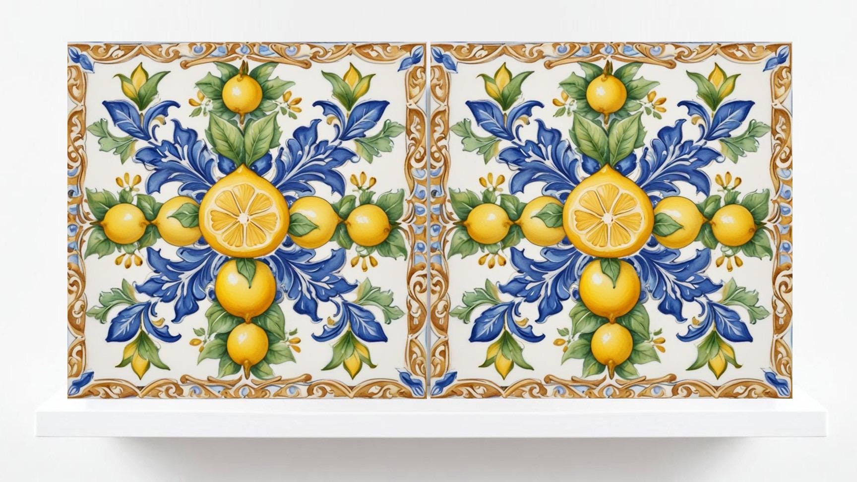 Italian Majolica Lemon Tiles - Set of 2 Italian Wall Decor Tiles - Kitchen Backsplash Tiles, Table Decorative Tiles, Bathroom Tiles, Coaster
