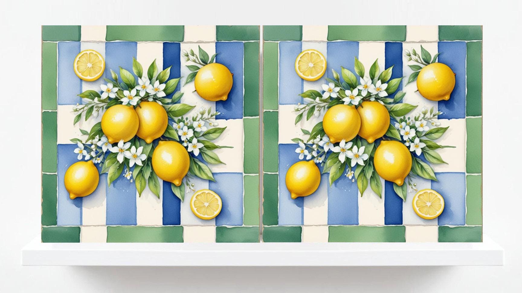 Italian Majolica Lemon Tiles - Set of 2 Italian Wall Decor Tiles - Kitchen Backsplash Tiles, Table Decorative Tiles, Bathroom Tiles, Coaster