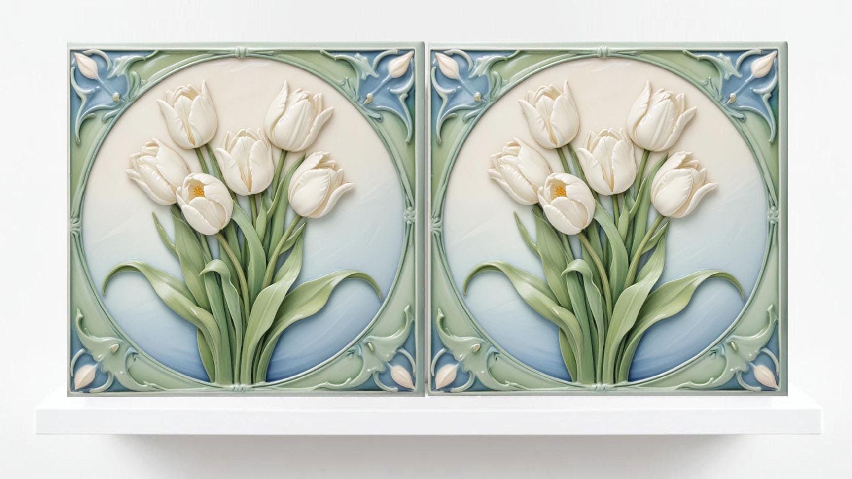 Art Nouveau Ceramic Tulip Tiles - Set of 2 Art Nouveau Wall Decor Tiles - Kitchen Backsplash Tiles, Table Decorative Tiles, Bathroom Tiles