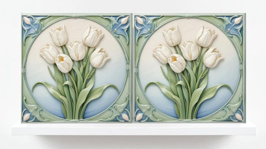 Art Nouveau Ceramic Tulip Tiles - Set of 2 Art Nouveau Wall Decor Tiles - Kitchen Backsplash Tiles, Table Decorative Tiles, Bathroom Tiles