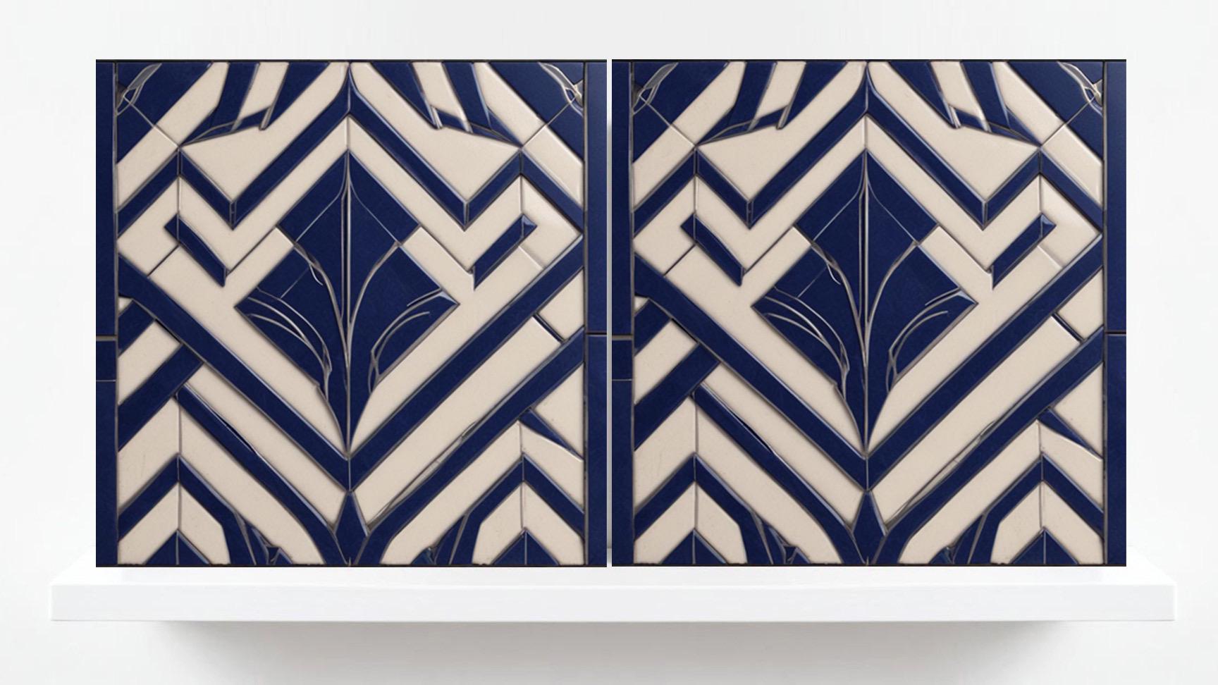 Art Deco Ceramic tiles Blue- Set of 2 Art Deco Wall Decor Geometric Tiles - Kitchen Backsplash Tiles, Table Decorative Tiles, Bathroom Tiles