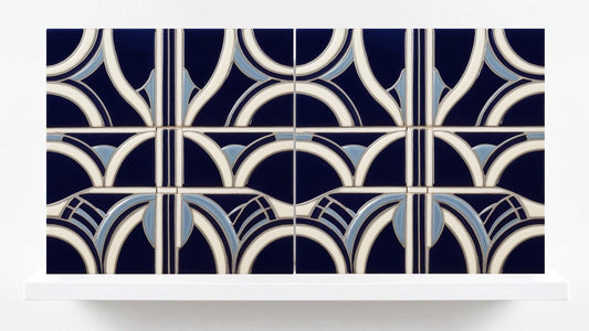 Art Deco Ceramic tiles Blue -Set of 2 Art Deco Wall Decor Geometric Tiles - Kitchen Backsplash Shower Tiles, Bathroom Tiles Sink Splashback