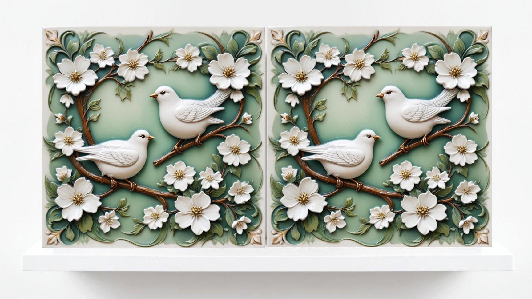 Art Nouveau Bird and Flower Ceramic tiles -Set of 2 Art Nouveau Bird Wall Decor Tiles,Bird Tiles -Kitchen Backsplash Tiles,Bathroom Tiles