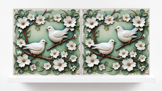 Art Nouveau Bird and Flower Ceramic tiles -Set of 2 Art Nouveau Bird Wall Decor Tiles,Bird Tiles -Kitchen Backsplash Tiles,Bathroom Tiles