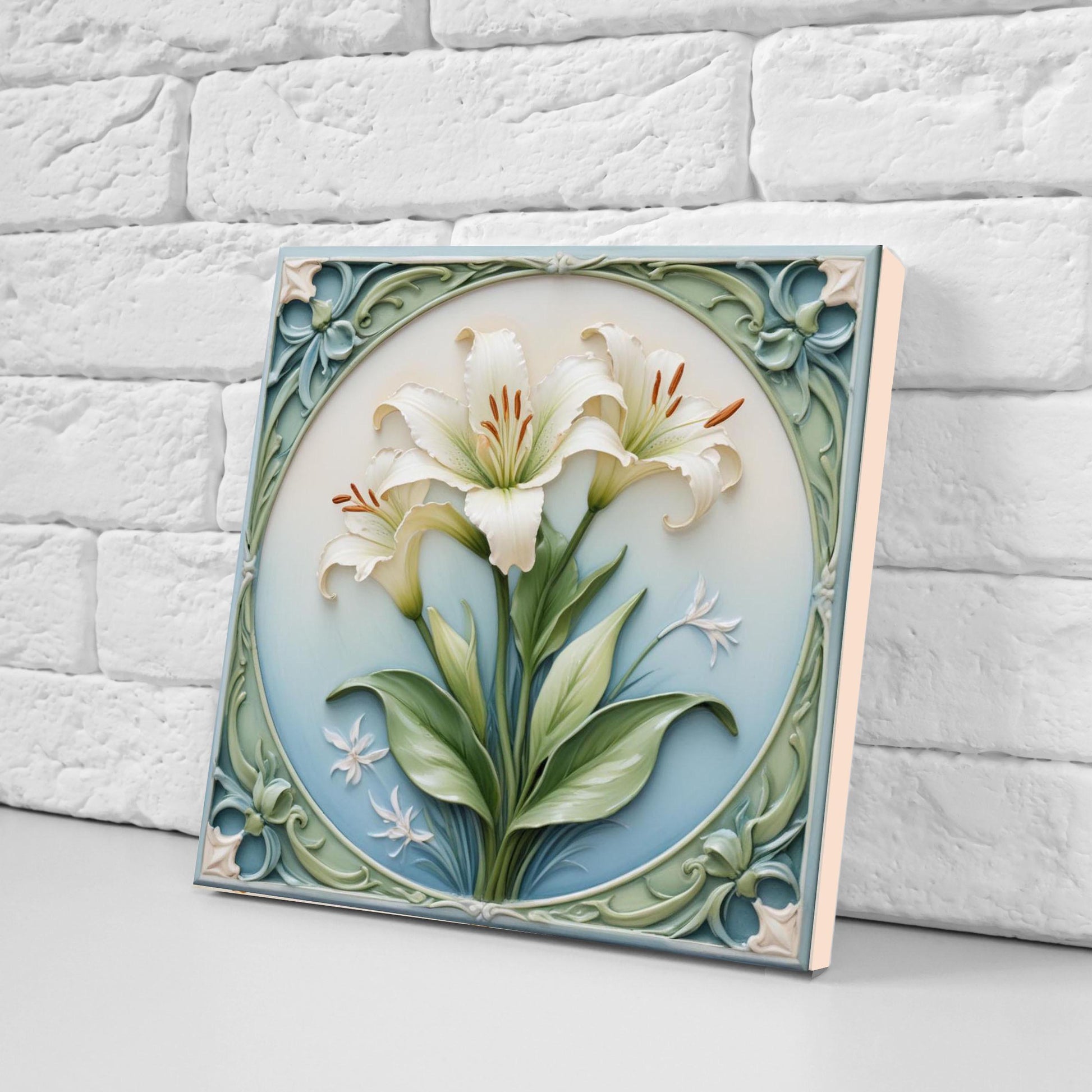 Art Nouveau Flower Ceramic Tiles - Set of 2 Art Nouveau Wall Decor Tiles - Kitchen Backsplash Tiles, Table Decorative Tiles, Bathroom Tiles