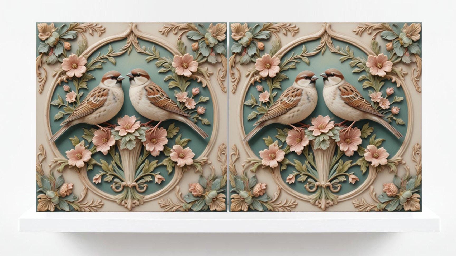 Art Nouveau Bird Ceramic tiles - Set of 2 Art Nouveau Bird Sparrow Print Wall Decor Tiles - Kitchen Backsplash Tiles, Bathroom Shower Tiles