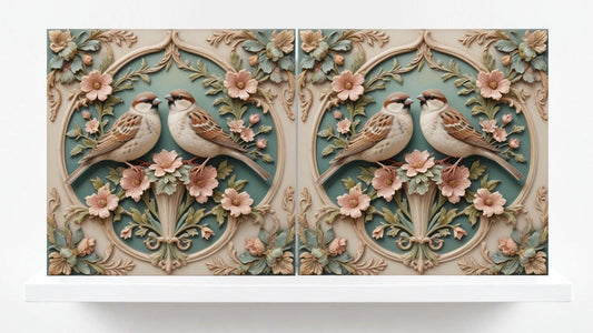 Art Nouveau Bird Ceramic tiles - Set of 2 Art Nouveau Bird Sparrow Print Wall Decor Tiles - Kitchen Backsplash Tiles, Bathroom Shower Tiles
