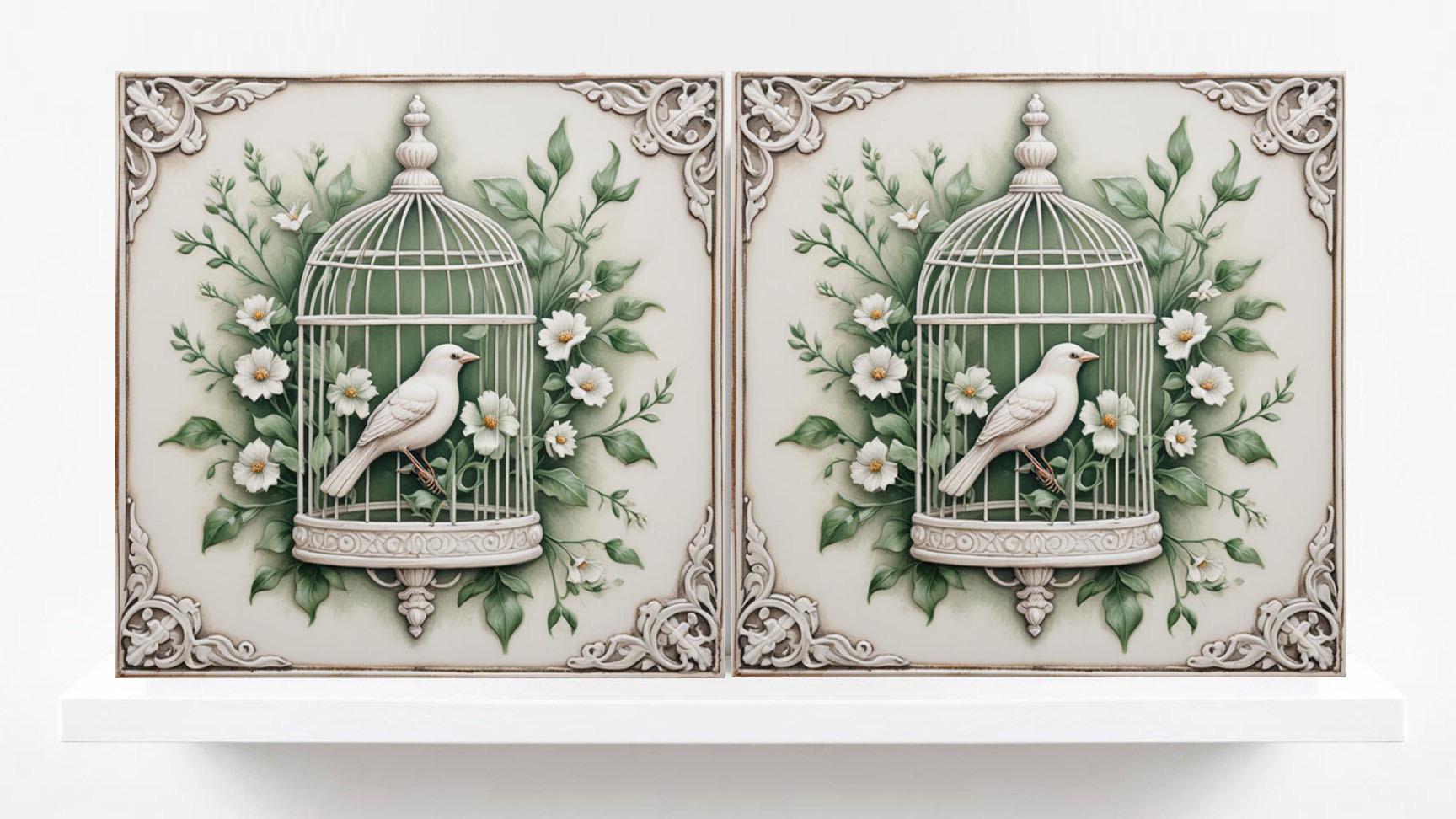 Art Nouveau Bird and Flower Ceramic tiles -Set of 2 Art Nouveau Bird Wall Decor Tiles,Bird Tiles -Kitchen Backsplash Tiles,Bathroom Decor