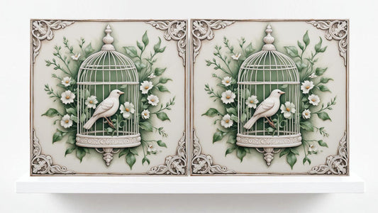 Art Nouveau Bird and Flower Ceramic tiles -Set of 2 Art Nouveau Bird Wall Decor Tiles,Bird Tiles -Kitchen Backsplash Tiles,Bathroom Decor
