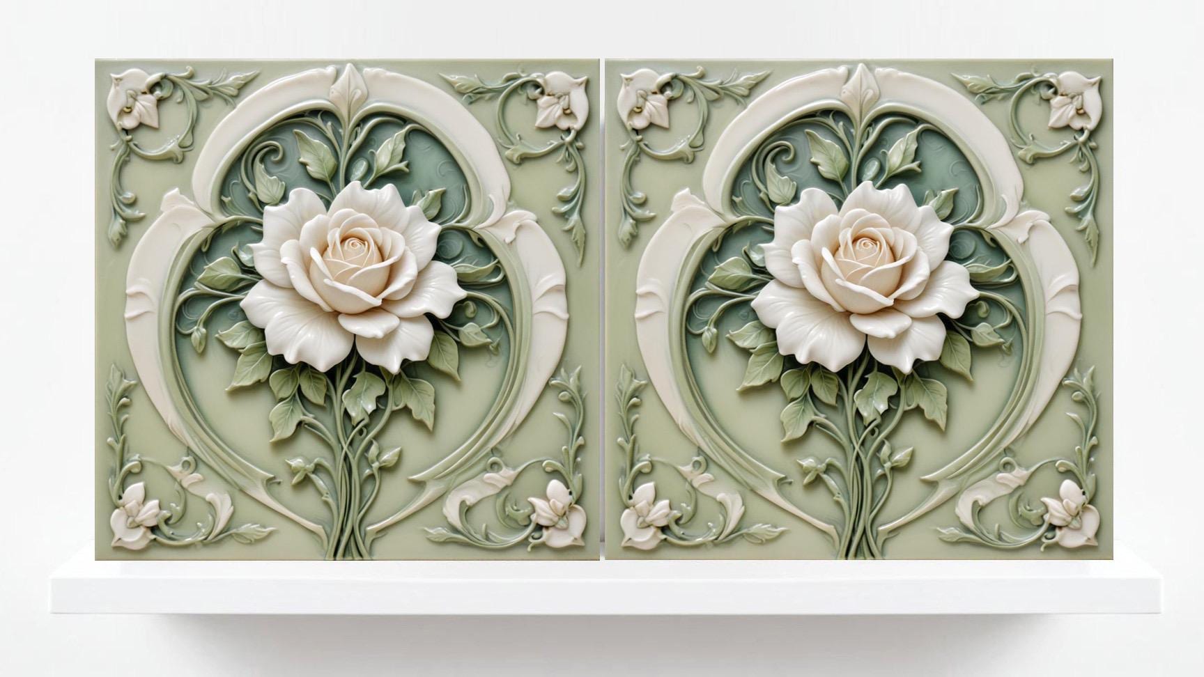 Art Nouveau Tile Rose Flower Ceramic Tiles - Set of 2 Green Art Nouveau Tiles Wall Decor -Kitchen Backsplash Tiles,Bathroom, Shower Wall Art