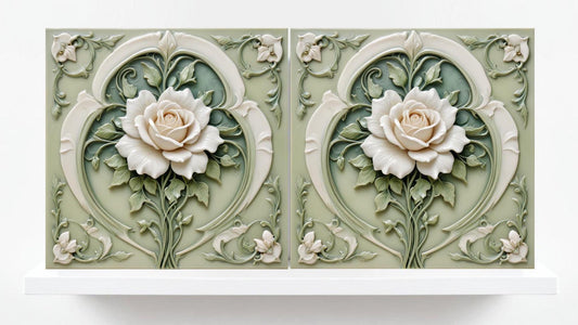 Art Nouveau Tile Rose Flower Ceramic Tiles - Set of 2 Green Art Nouveau Tiles Wall Decor -Kitchen Backsplash Tiles,Bathroom, Shower Wall Art