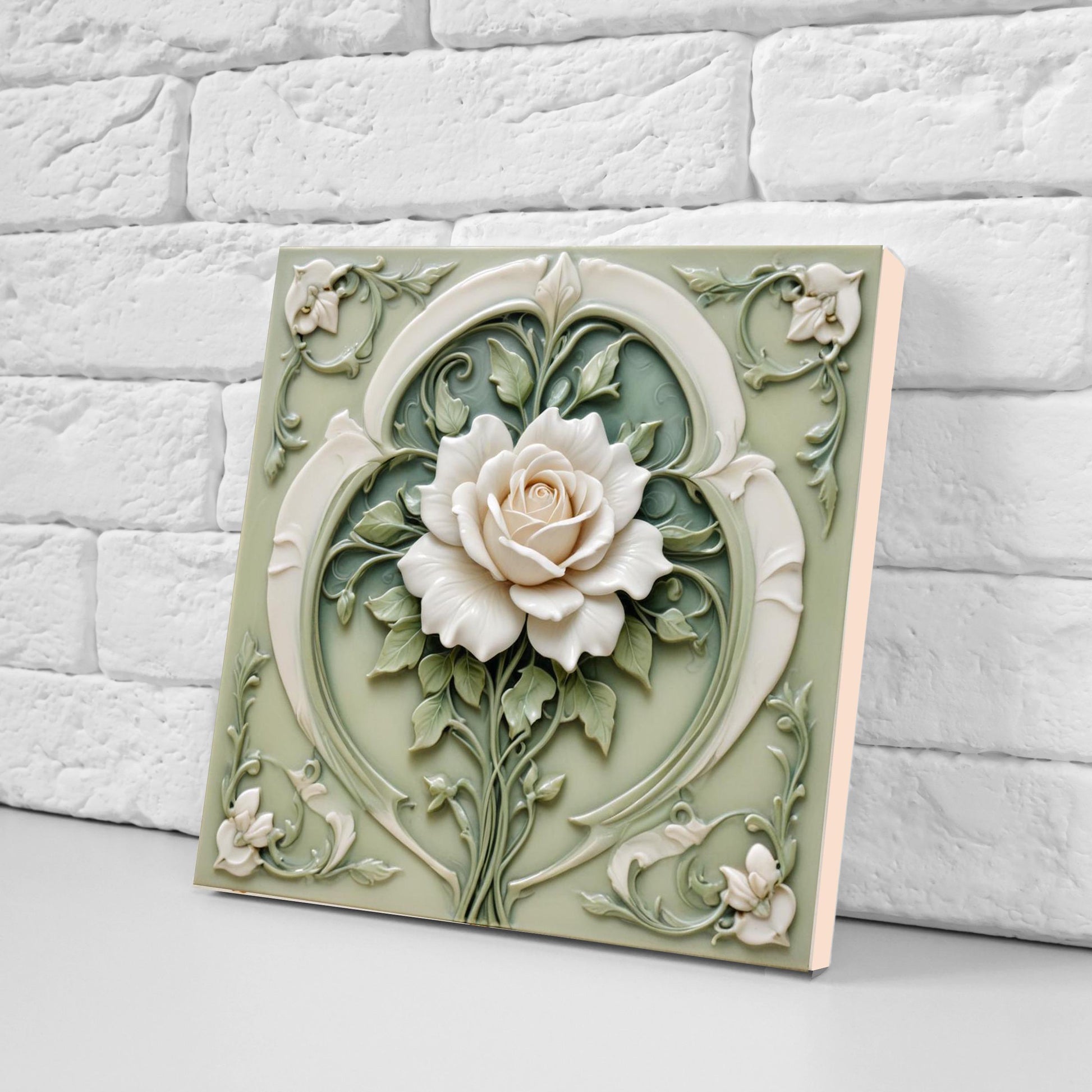 Art Nouveau Tile Rose Flower Ceramic Tiles - Set of 2 Green Art Nouveau Tiles Wall Decor -Kitchen Backsplash Tiles,Bathroom, Shower Wall Art