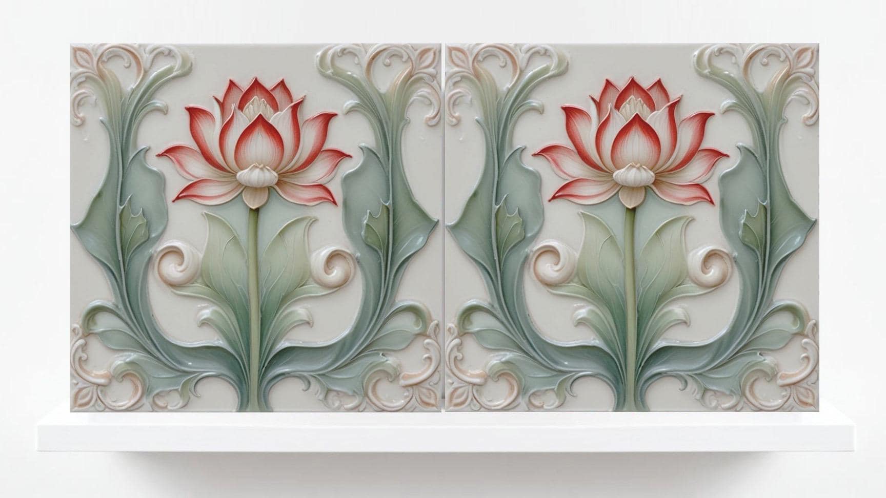 Lotus Tile Art Nouveau Flower Ceramic Tiles - Set of 2 Art Nouveau Wall Decor Tiles - Kitchen Backsplash Tiles, Shower Tiles, Bathroom Tiles