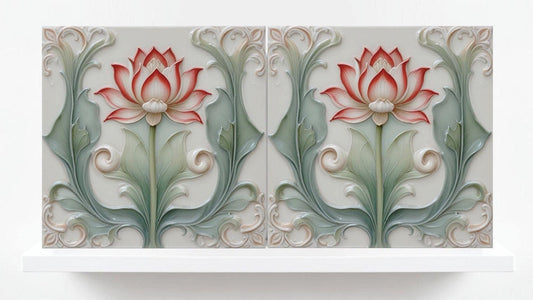 Lotus Tile Art Nouveau Flower Ceramic Tiles - Set of 2 Art Nouveau Wall Decor Tiles - Kitchen Backsplash Tiles, Shower Tiles, Bathroom Tiles