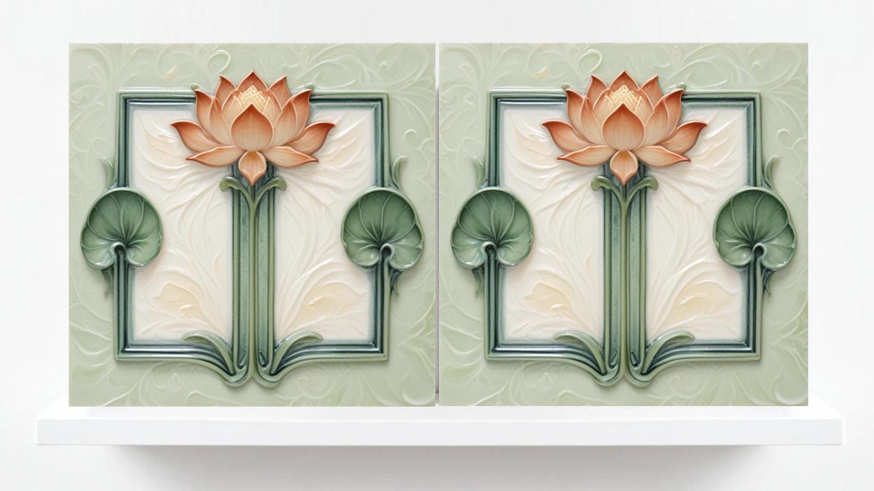 Lotus Tile Art Nouveau Flower Ceramic Tiles - Set of 2 Art Nouveau Wall Decor Tiles - Kitchen Backsplash Tiles, Shower Tiles, Bathroom Tiles