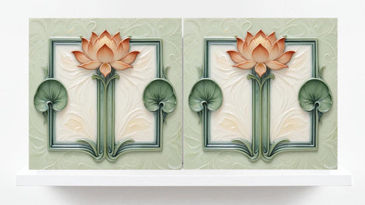 Lotus Tile Art Nouveau Flower Ceramic Tiles - Set of 2 Art Nouveau Wall Decor Tiles - Kitchen Backsplash Tiles, Shower Tiles, Bathroom Tiles