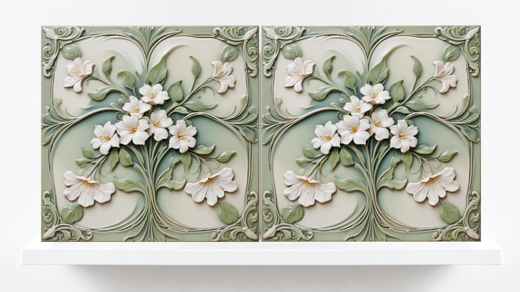 Jasmine Tile Art Nouveau Flower Ceramic tiles - Set of 2 Wall Decor Tiles - Botanical Print, Kitchen Backsplash Tiles,Bathroom Shower Decor
