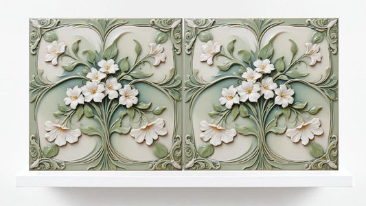 Jasmine Tile Art Nouveau Flower Ceramic tiles - Set of 2 Wall Decor Tiles - Botanical Print, Kitchen Backsplash Tiles,Bathroom Shower Decor