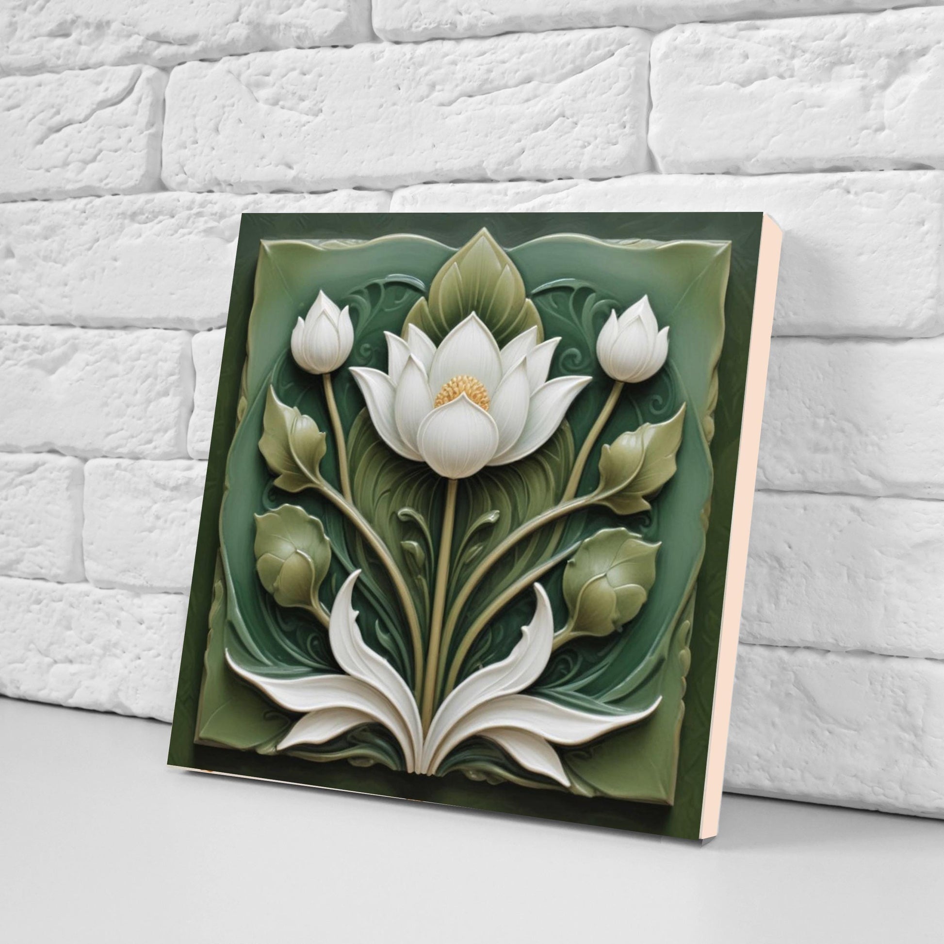 Lotus Tile Green Art Nouveau Tiles Flower Ceramic Tiles -Set of 2 Floral Wall Decor Tiles -Kitchen Backsplash Tiles,Shower Tiles,Bathroom