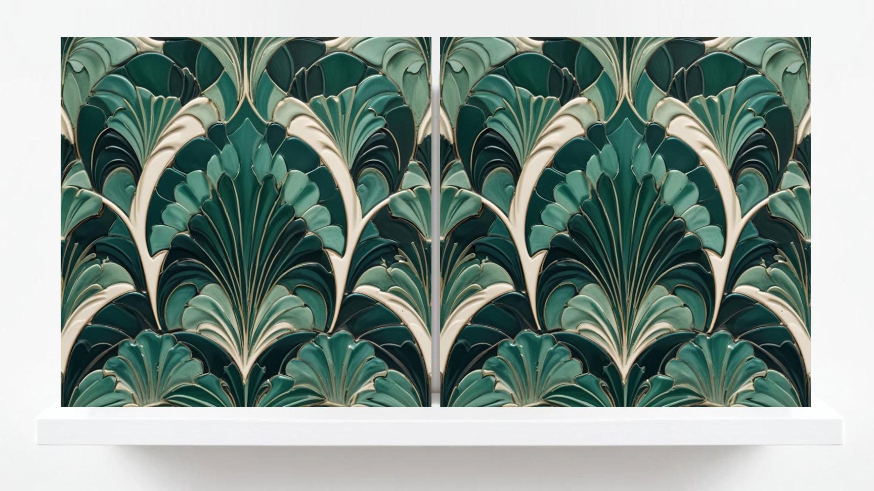Art Deco Ceramic Tiles Green- Set of 2 Art Deco Wall Decor Geometric Tiles - Kitchen Backsplash Tiles,Table Decorative Tiles, Bathroom Tiles
