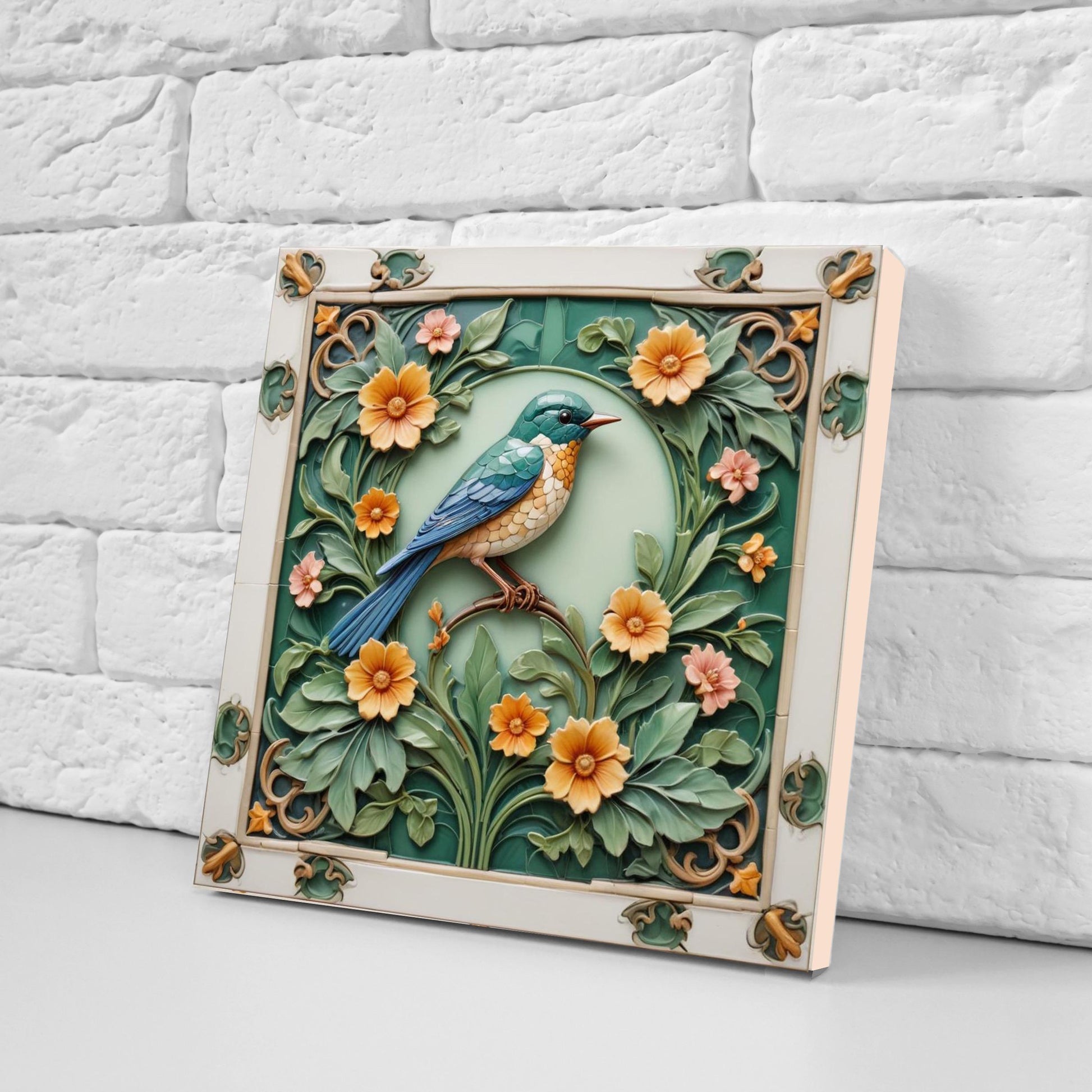 Art Nouveau Bird and Flower Ceramic tiles -Set of 2 Art Nouveau Bird Wall Decor Tiles,Bird Tiles -Kitchen Backsplash Tiles,Bathroom Tiles