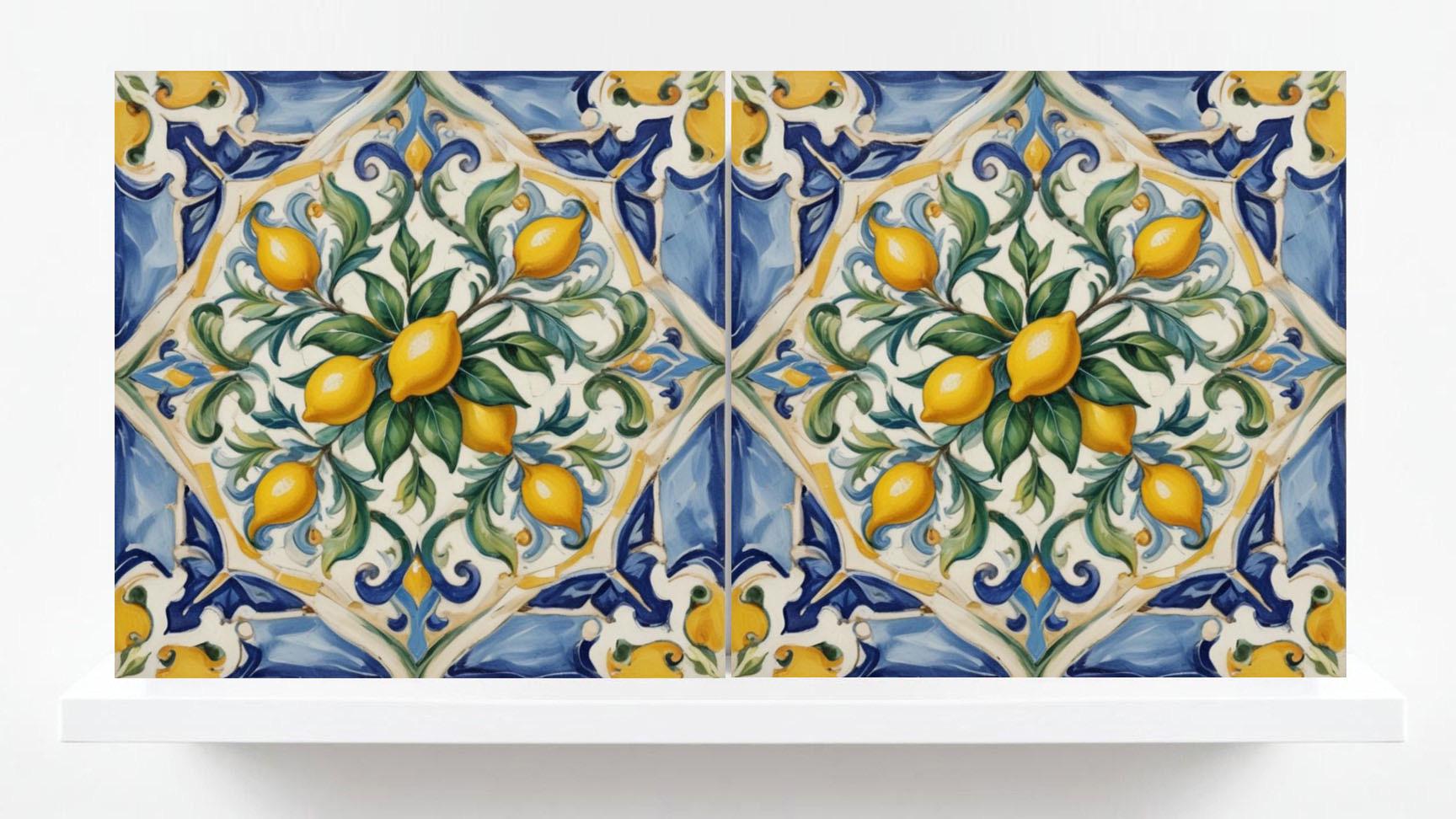 Italian Majolica Lemon Tiles - Set of 2 Italian Wall Decor Tiles - Kitchen Backsplash Tiles, Table Decorative Tiles, Bathroom Tiles, Coaster