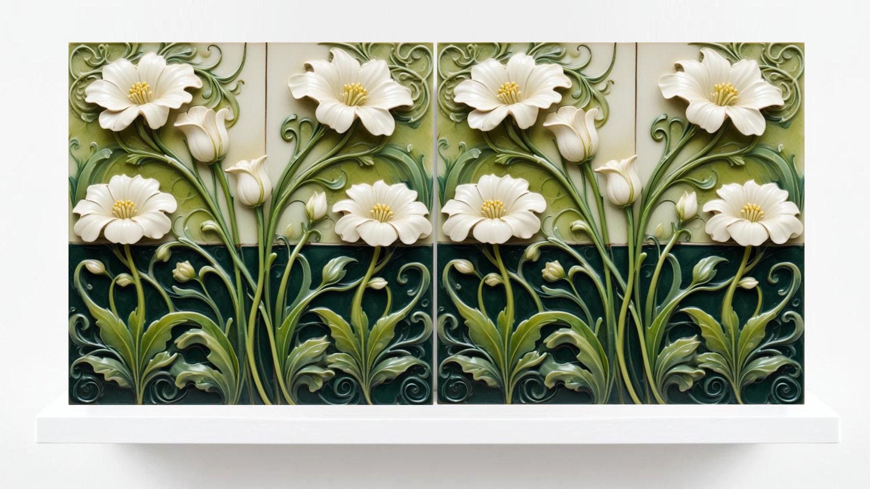 Art Nouveau Flower Ceramic tiles - Set of 2 Art Nouveau Wall Decor Tiles - Kitchen Backsplash Tiles, Table Decorative Tiles, Bathroom Tiles