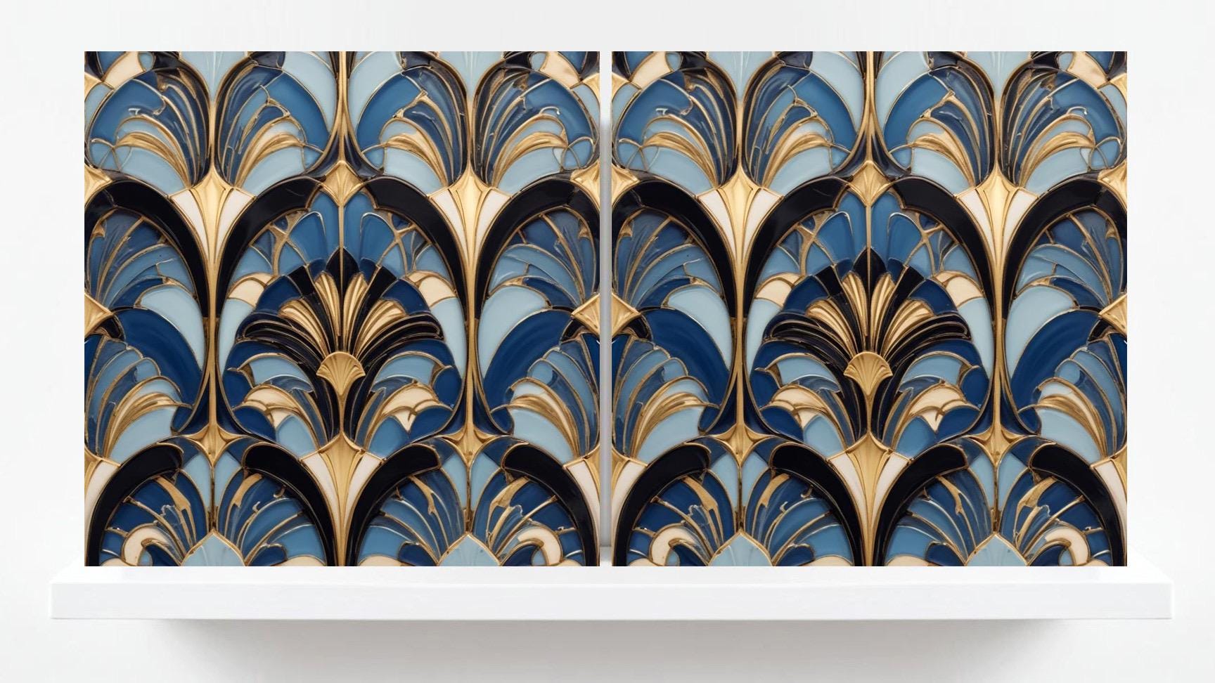 Art Deco Ceramic tiles Blue- Set of 2 Art Deco Wall Decor Geometric Tiles - Kitchen Backsplash Tiles, Table Decorative Tiles, Bathroom Tiles