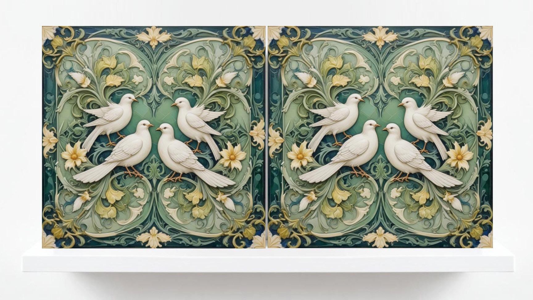 Art Nouveau Bird and Flower Ceramic tiles -Set of 2 Art Nouveau Bird Wall Decor Tiles,Bird Tiles -Kitchen Backsplash Tiles,Bathroom Tiles