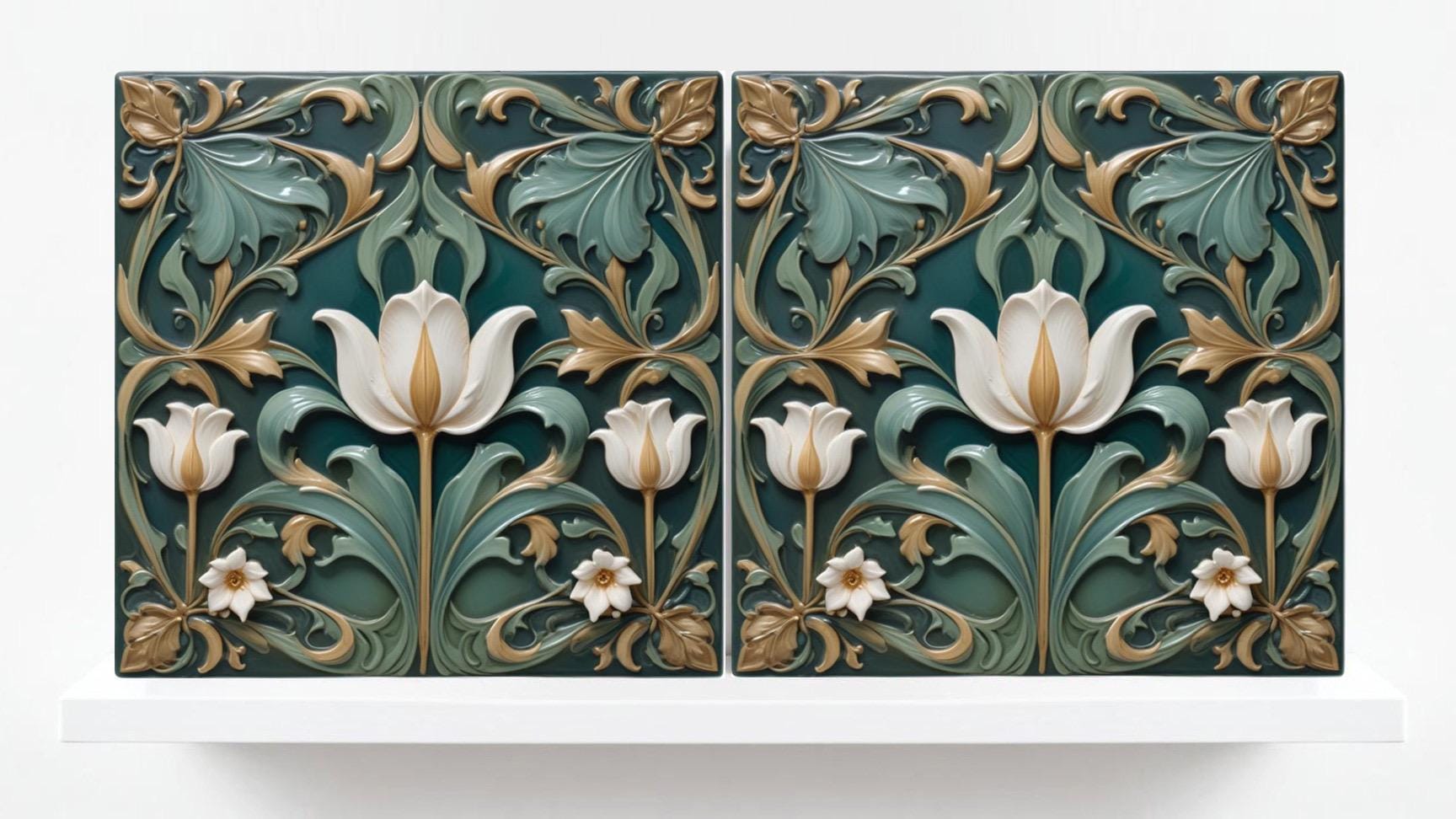 Tulip Tile Art Nouveau Flower Ceramic Tiles - Set of 2 Art Nouveau Green Wall Decor Tiles - Kitchen Backsplash Tiles, Bathroom, Shower, Sink