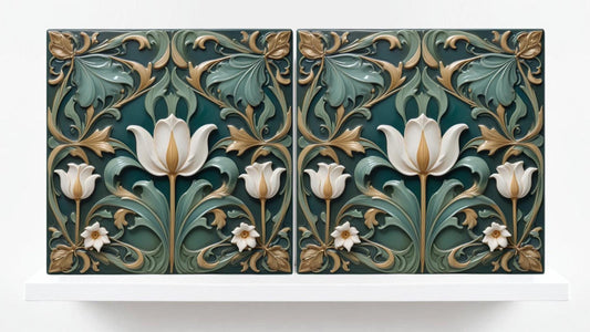 Tulip Tile Art Nouveau Flower Ceramic Tiles - Set of 2 Art Nouveau Green Wall Decor Tiles - Kitchen Backsplash Tiles, Bathroom, Shower, Sink