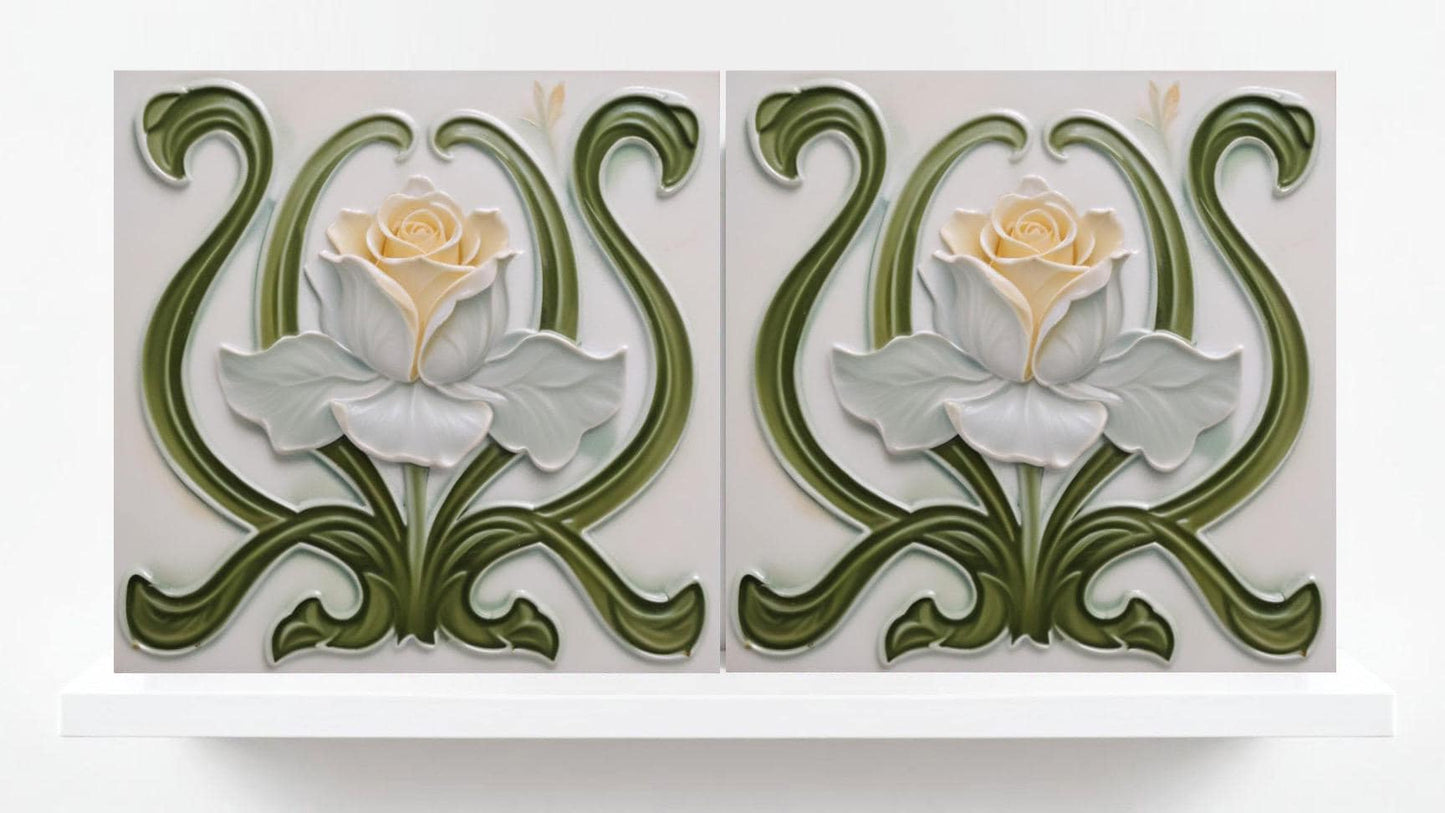 Art Nouveau Tile Rose Flower Ceramic Tiles - Set of 2 Green Art Nouveau Tiles Wall Decor -Kitchen Backsplash Tiles,Bathroom, Shower Wall Art