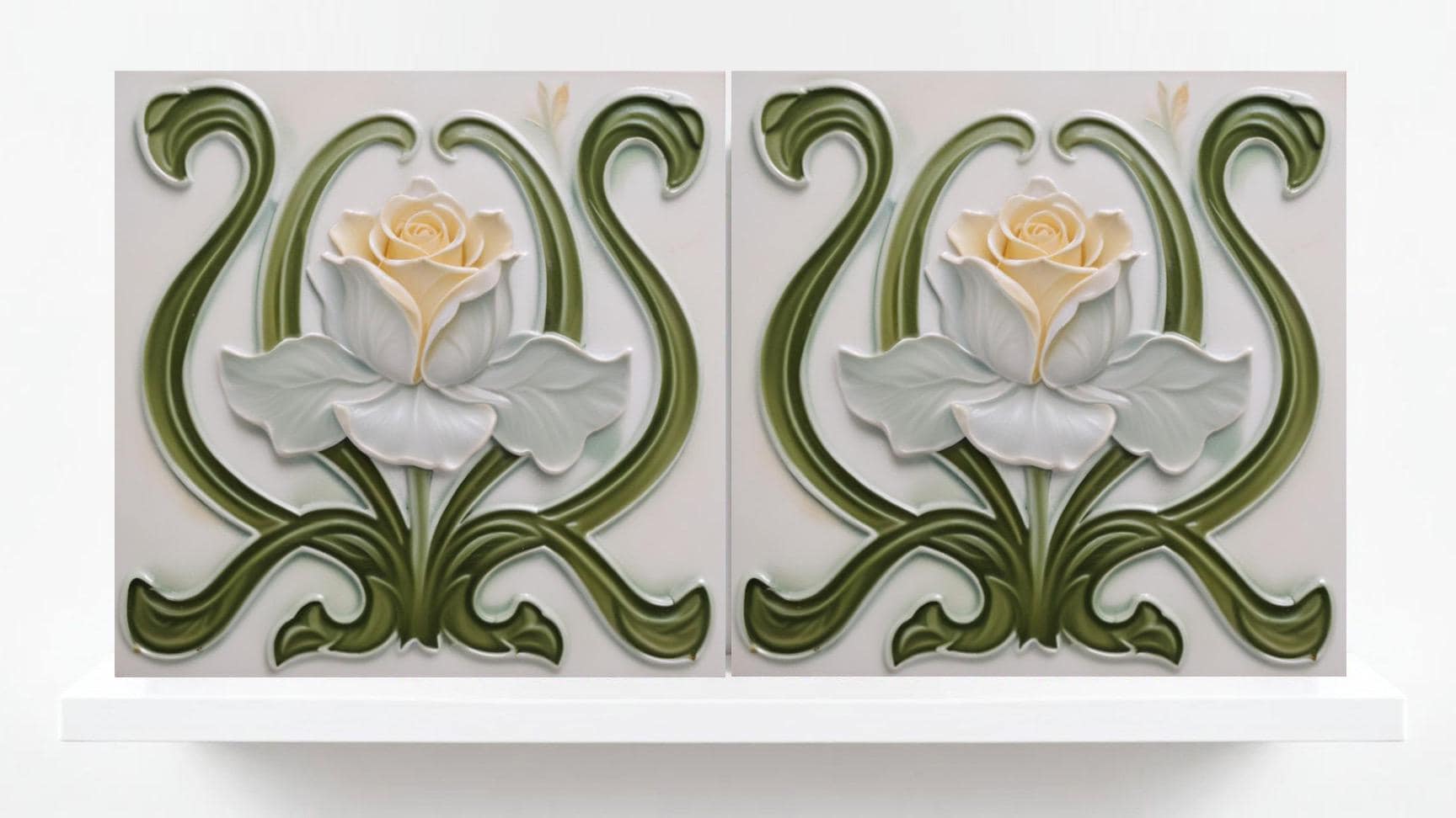 Art Nouveau Tile Rose Flower Ceramic Tiles - Set of 2 Green Art Nouveau Tiles Wall Decor -Kitchen Backsplash Tiles,Bathroom, Shower Wall Art