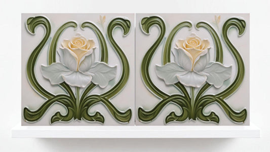 Art Nouveau Tile Rose Flower Ceramic Tiles - Set of 2 Green Art Nouveau Tiles Wall Decor -Kitchen Backsplash Tiles,Bathroom, Shower Wall Art