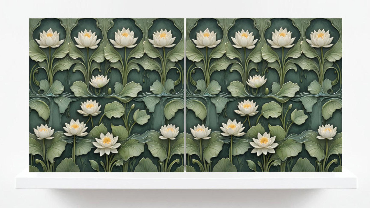 Lotus Tile Art Nouveau Flower Ceramic Tiles - Set of 2 Botanical Wall Decor - Floral Pattern - Kitchen Backsplash , Shower ,Bathroom, Sink