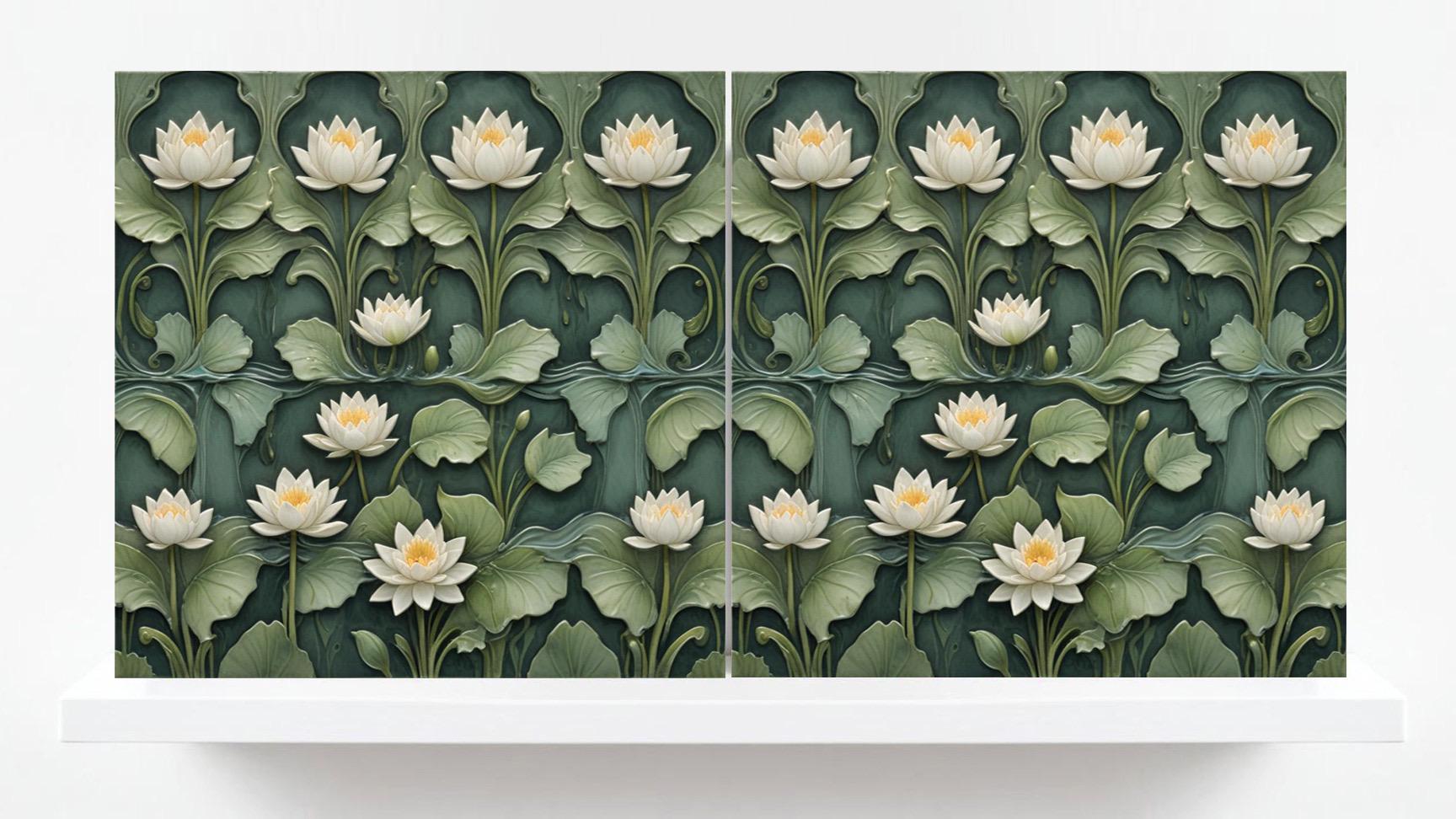 Lotus Tile Art Nouveau Flower Ceramic Tiles - Set of 2 Botanical Wall Decor - Floral Pattern - Kitchen Backsplash , Shower ,Bathroom, Sink