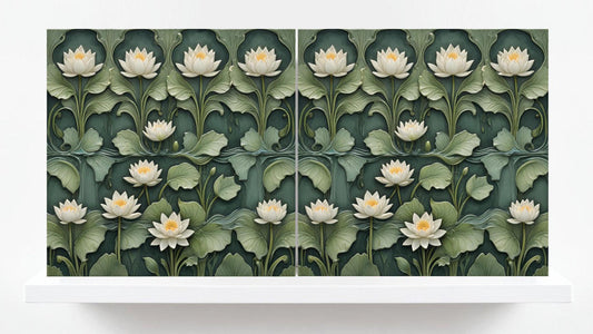 Lotus Tile Art Nouveau Flower Ceramic Tiles - Set of 2 Botanical Wall Decor - Floral Pattern - Kitchen Backsplash , Shower ,Bathroom, Sink
