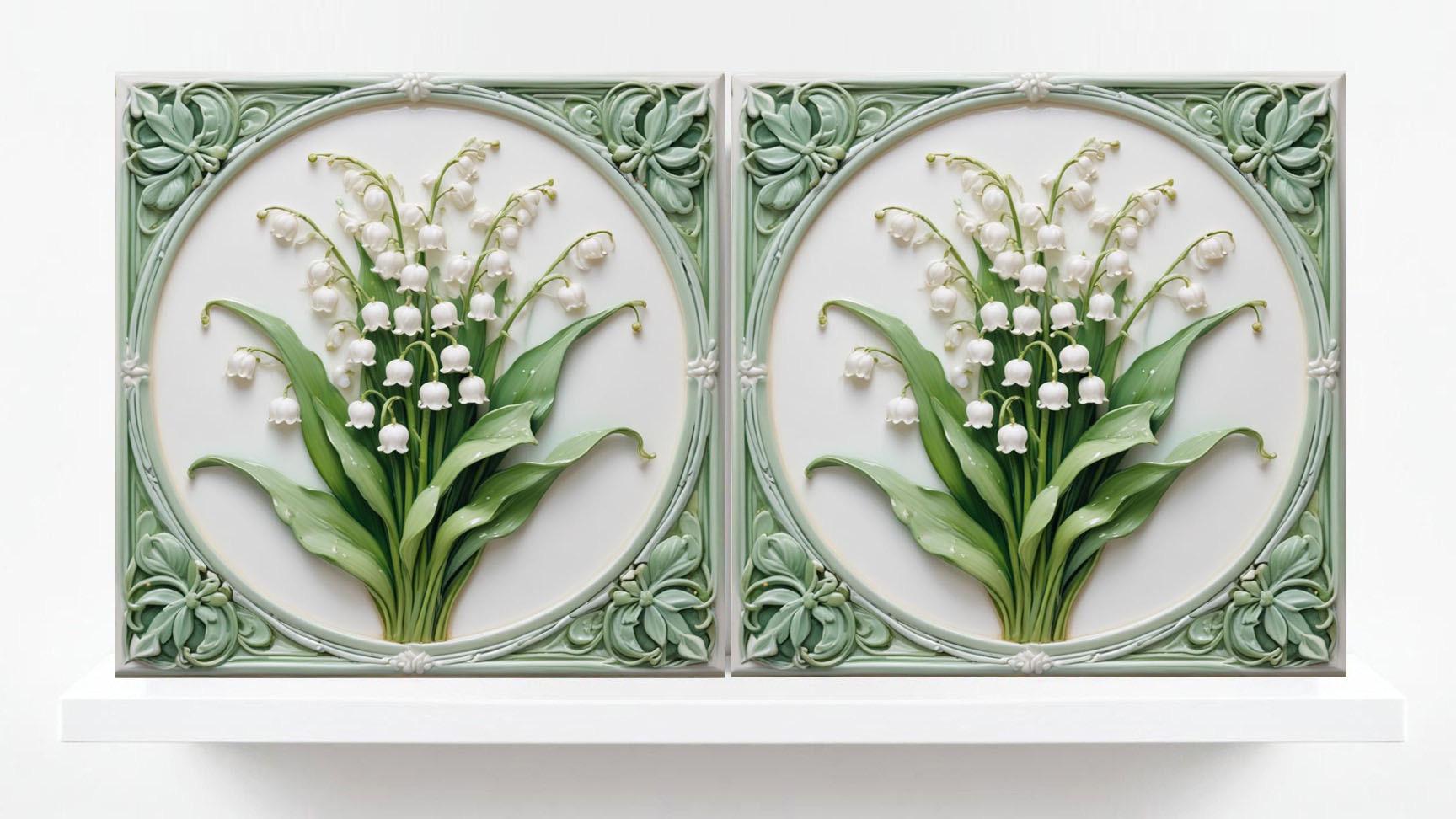 Art Nouveau Flower Ceramic Tiles - Set of 2 Art Nouveau Wall Decor Tiles - Kitchen Backsplash Tiles, Table Decorative Tiles, Bathroom Tiles