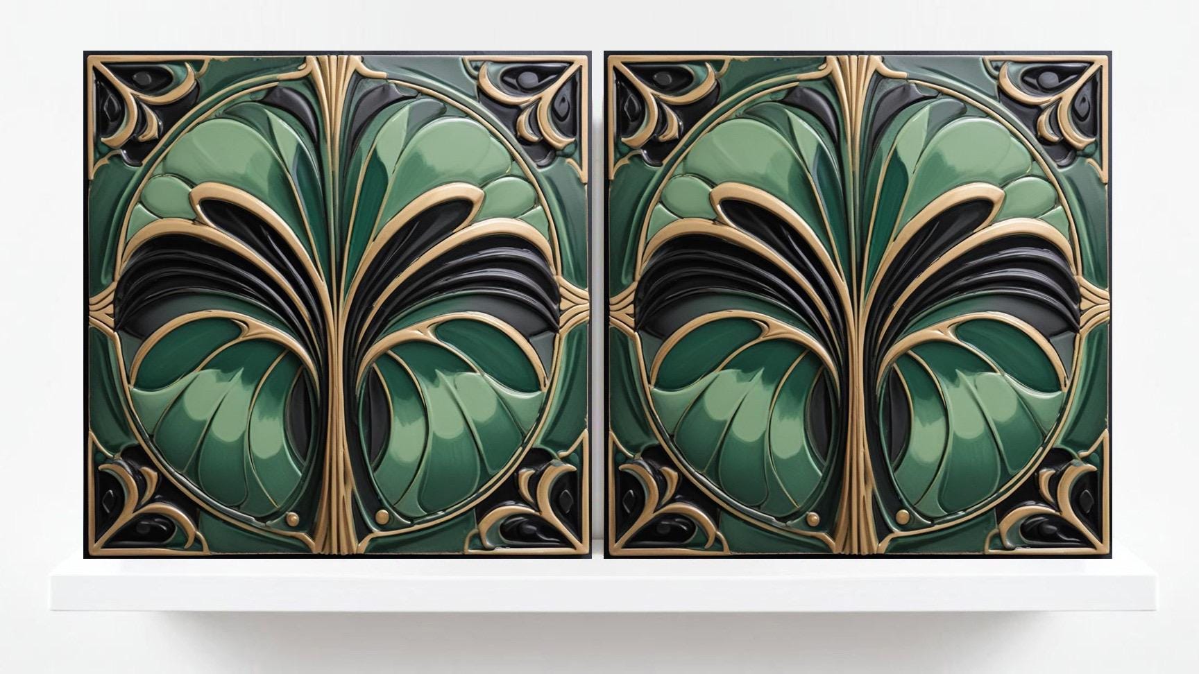 Art Deco Ceramic Tiles Green- Set of 2 Art Deco Wall Decor Geometric Tiles - Kitchen Backsplash Tiles,Table Decorative Tiles, Bathroom Tiles